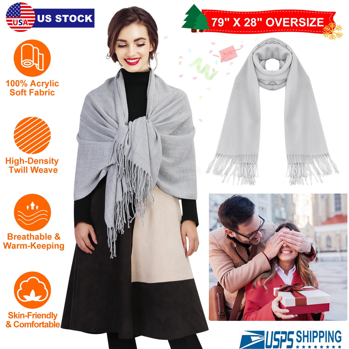 Mens Womens Oversize Cashmere Wool Shawl Wraps Blanket Winter Solid Scarf Soft Pashmina 79" X 28"