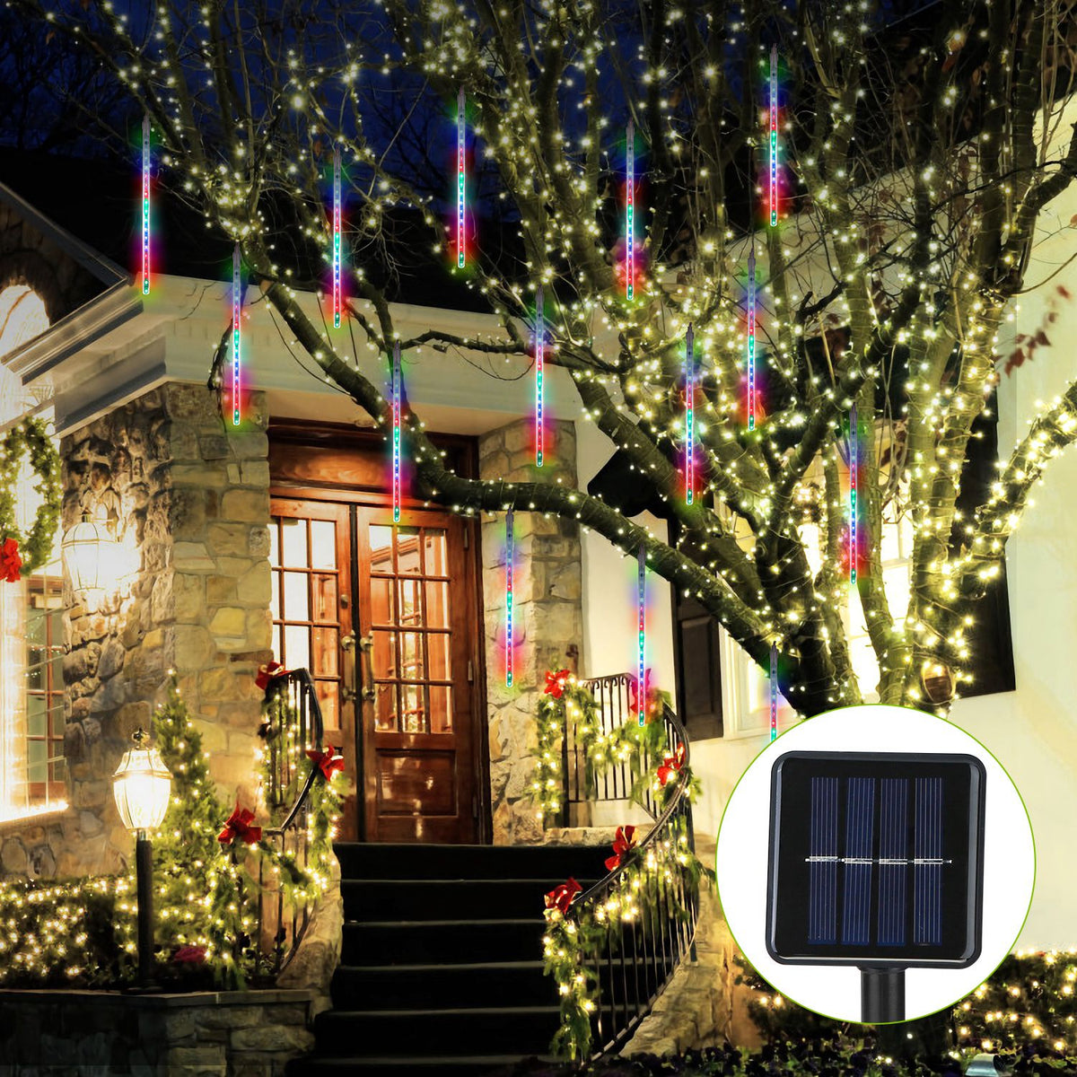 Solar Meteor Shower String Lights 8 Tubes 144 LED Waterproof