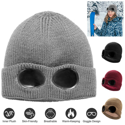 Knit Beanie Hat with Goggle - Warm Winter Skull Cap