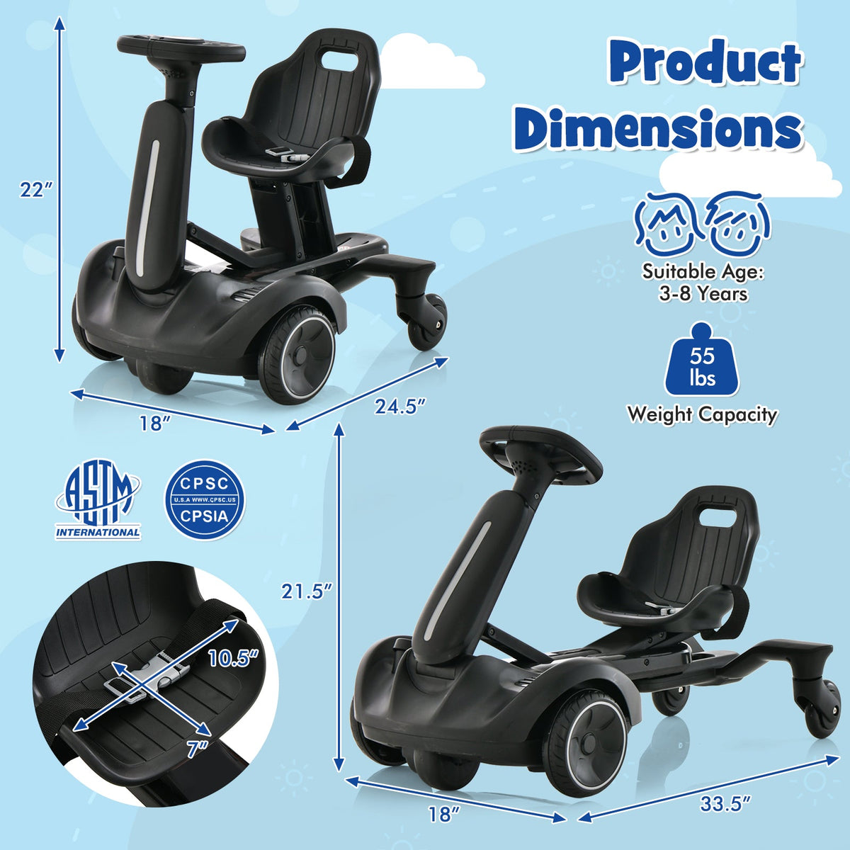 6V Kids Ride on Drift Car with 360° Spin and 2 Adjustable Heights