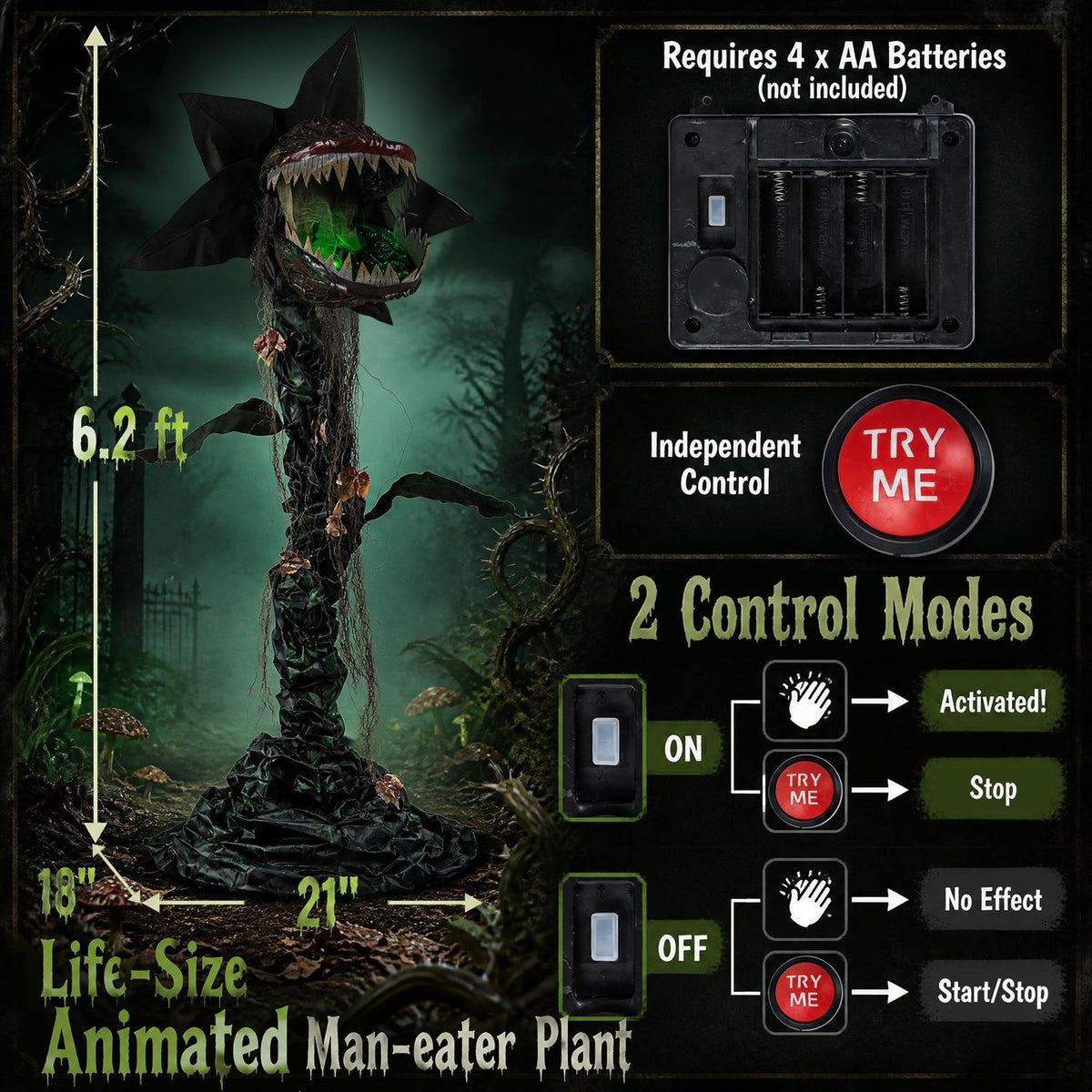 6.2 ft Animated Halloween Man-Eater Plant with Color-changing LEDs