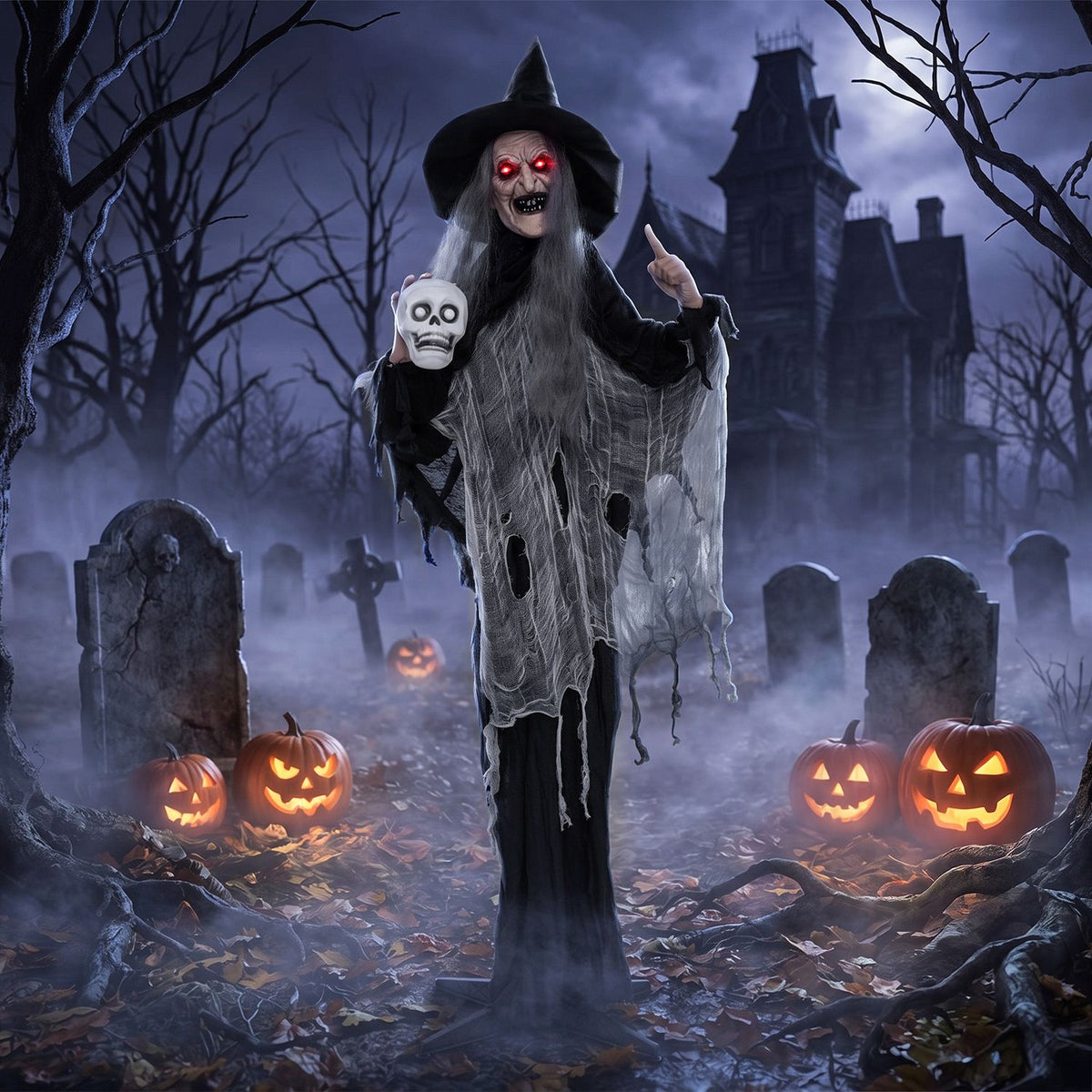 6.3 FT Halloween Standing Animatronic Witch with Skull in Hand