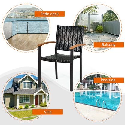 Outdoor PE Rattan Dining Chairs with Acacia Armrests, Set of 2