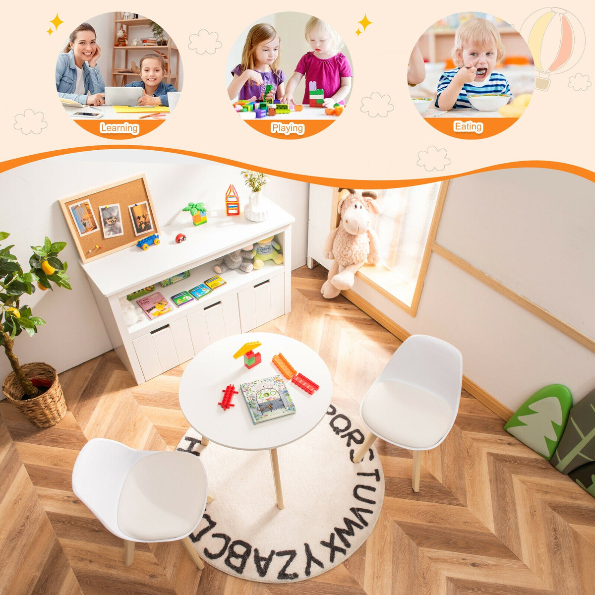 Kids Activity Table and 2 Chairs Set with Cushioned Seats