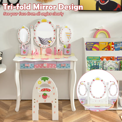 Kids Vanity Table Set with Tri-Fold Mirror and Chair