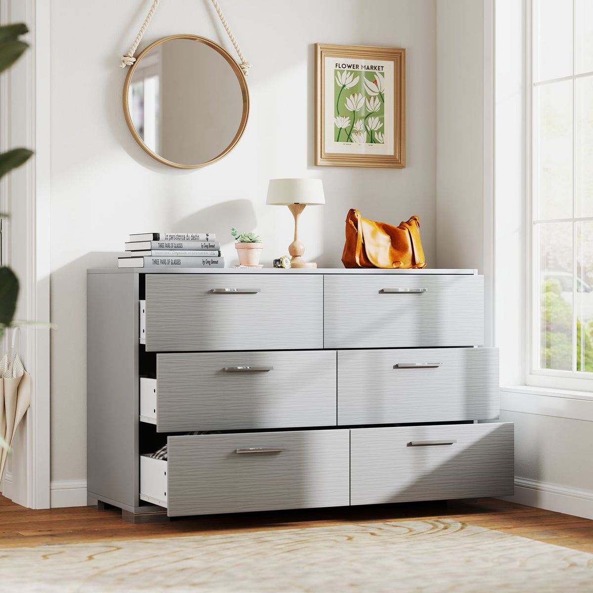 6 Drawer Storage Cabinet with Metal Legs Handles with Anti-Toppling Devices-Grey