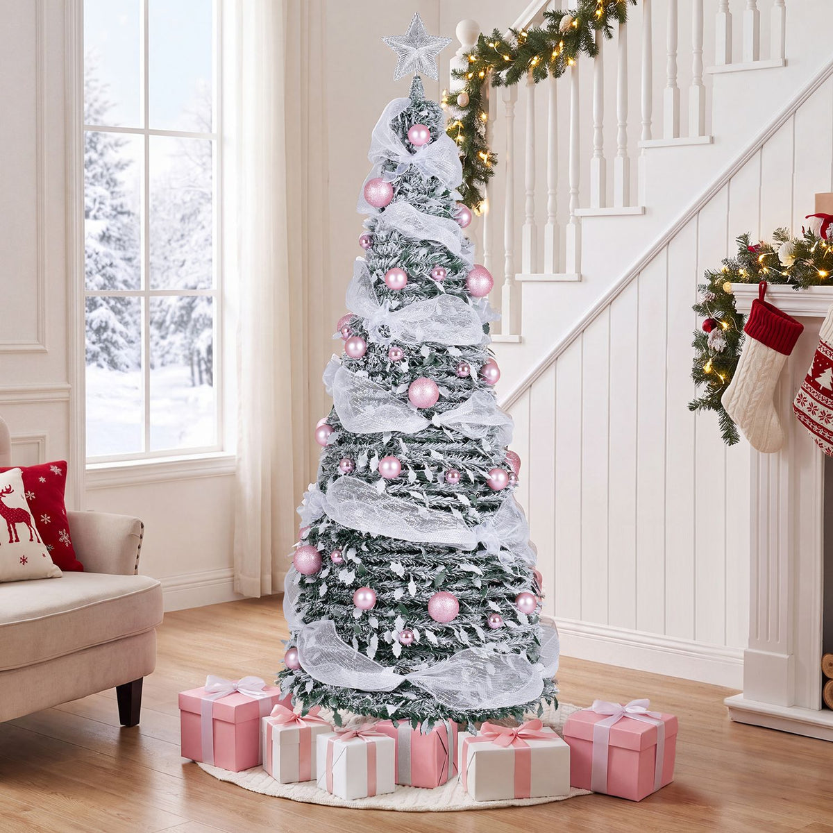 7 FT Pre-Lit Pop up Christmas Tree with 150/180 Warm White LED Lights and 8 Modes