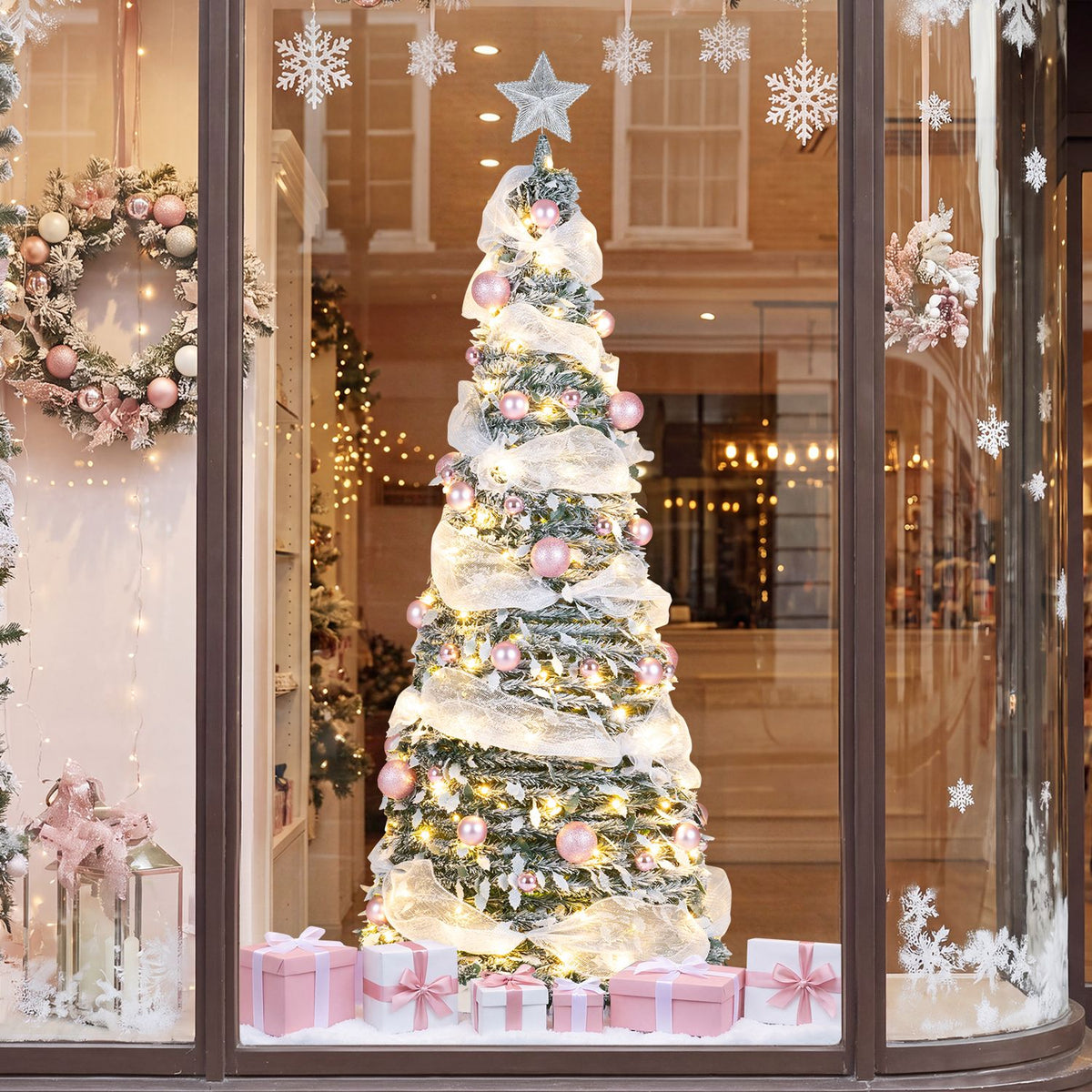 7 FT Pre-Lit Pop up Christmas Tree with 150/180 Warm White LED Lights and 8 Modes