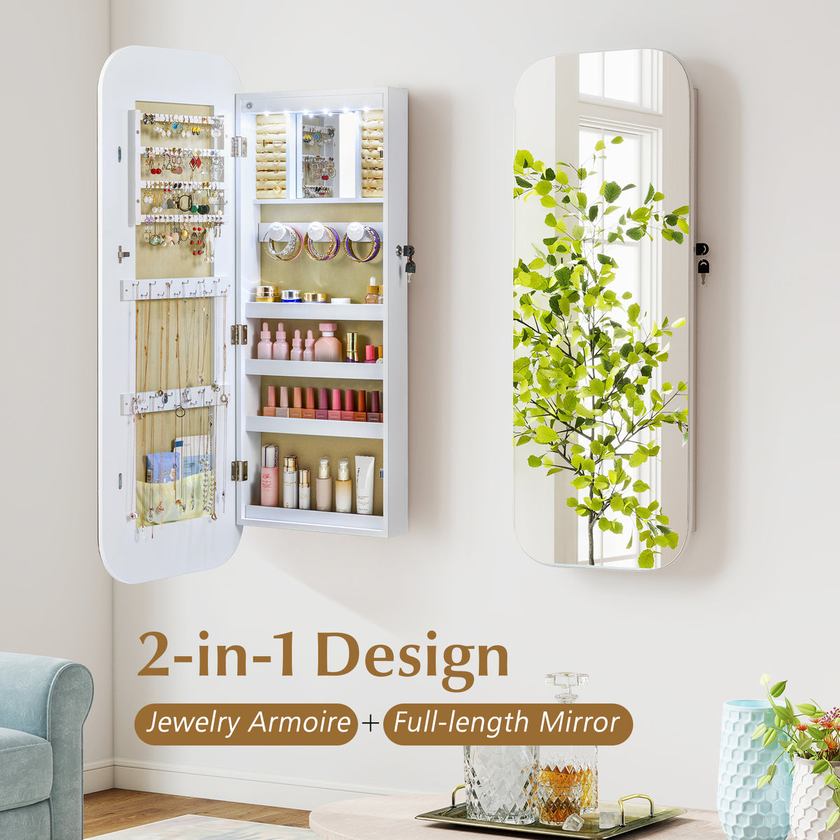Wall Mounted Jewelry Cabinet with LED Mirror - White