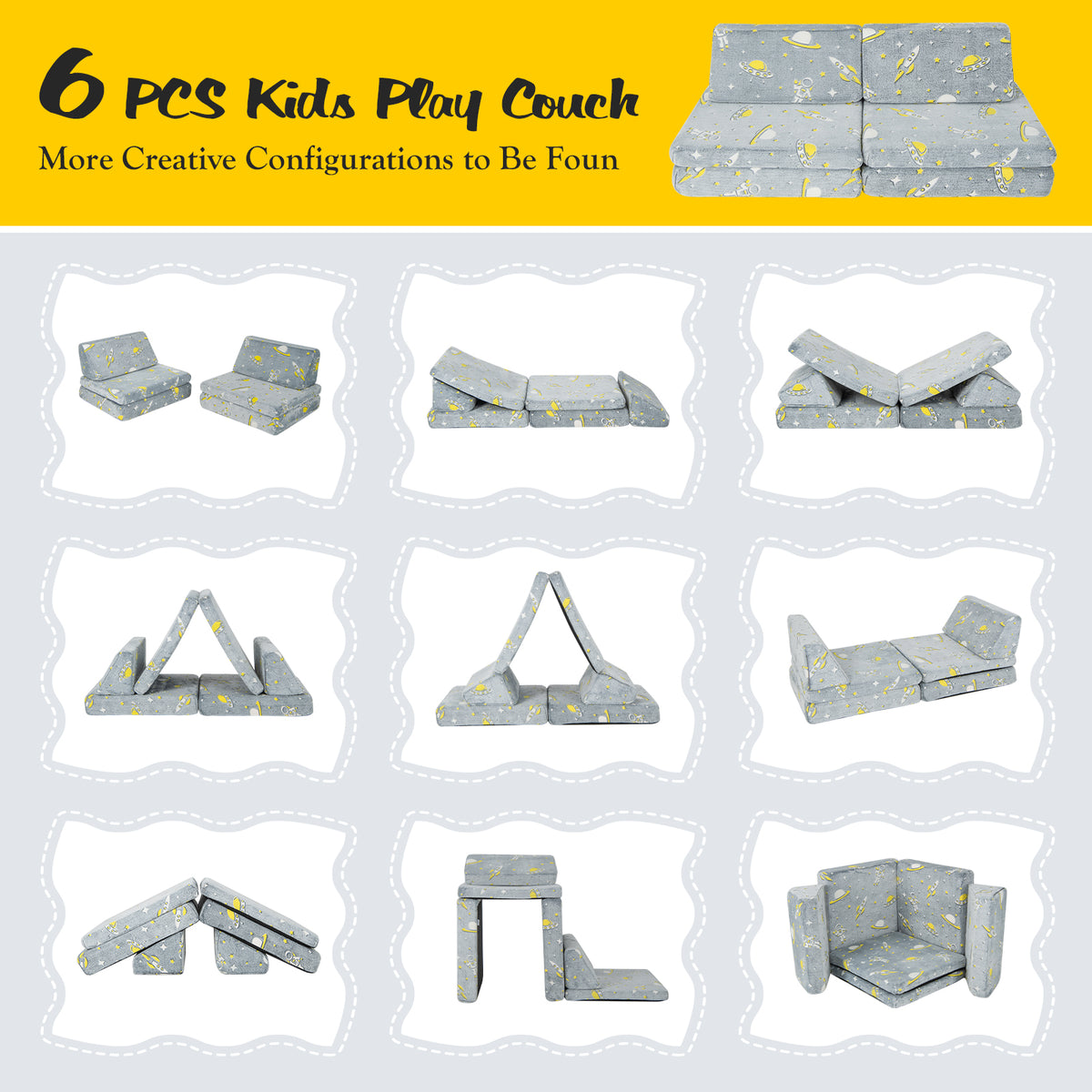 Kids Modular Play Couch 6-Piece Set with Glow-in-Dark Feature