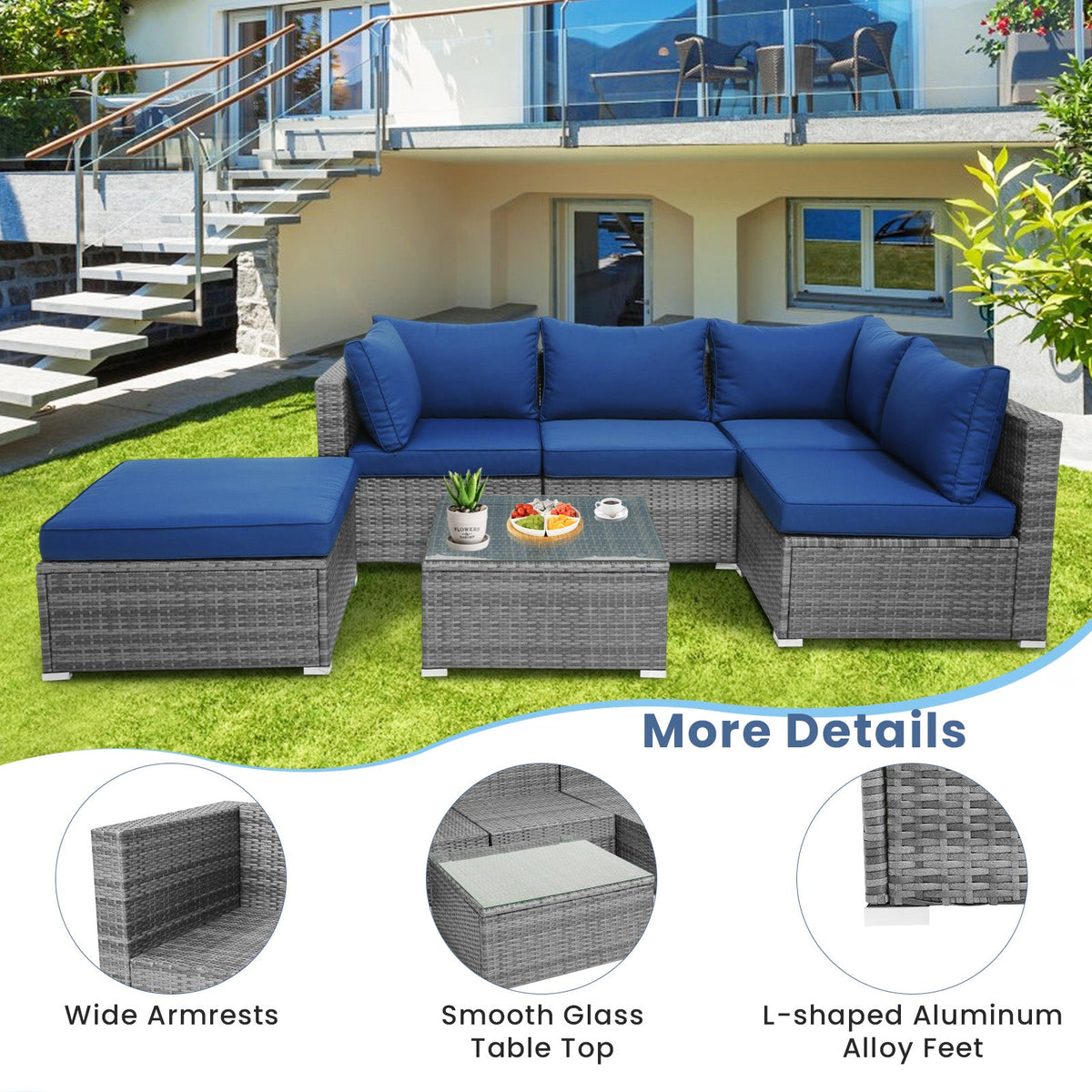 6 Pieces Outdoor Rattan Sofa Set with Seat and Back Cushions-Navy