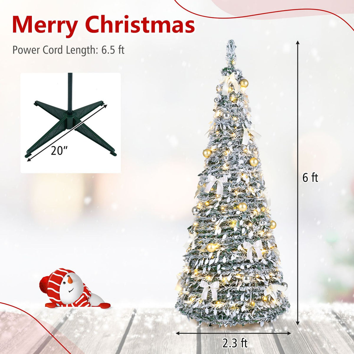 6 ft Pop Up Flocked Christmas Tree with 20/30 Christmas Bows and 35 Christmas Balls