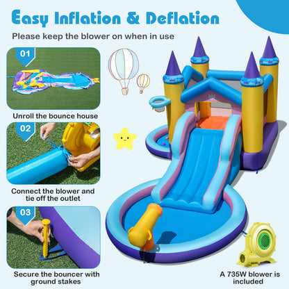 6-in-1 Inflatable Kids Water Park with 735W Blower