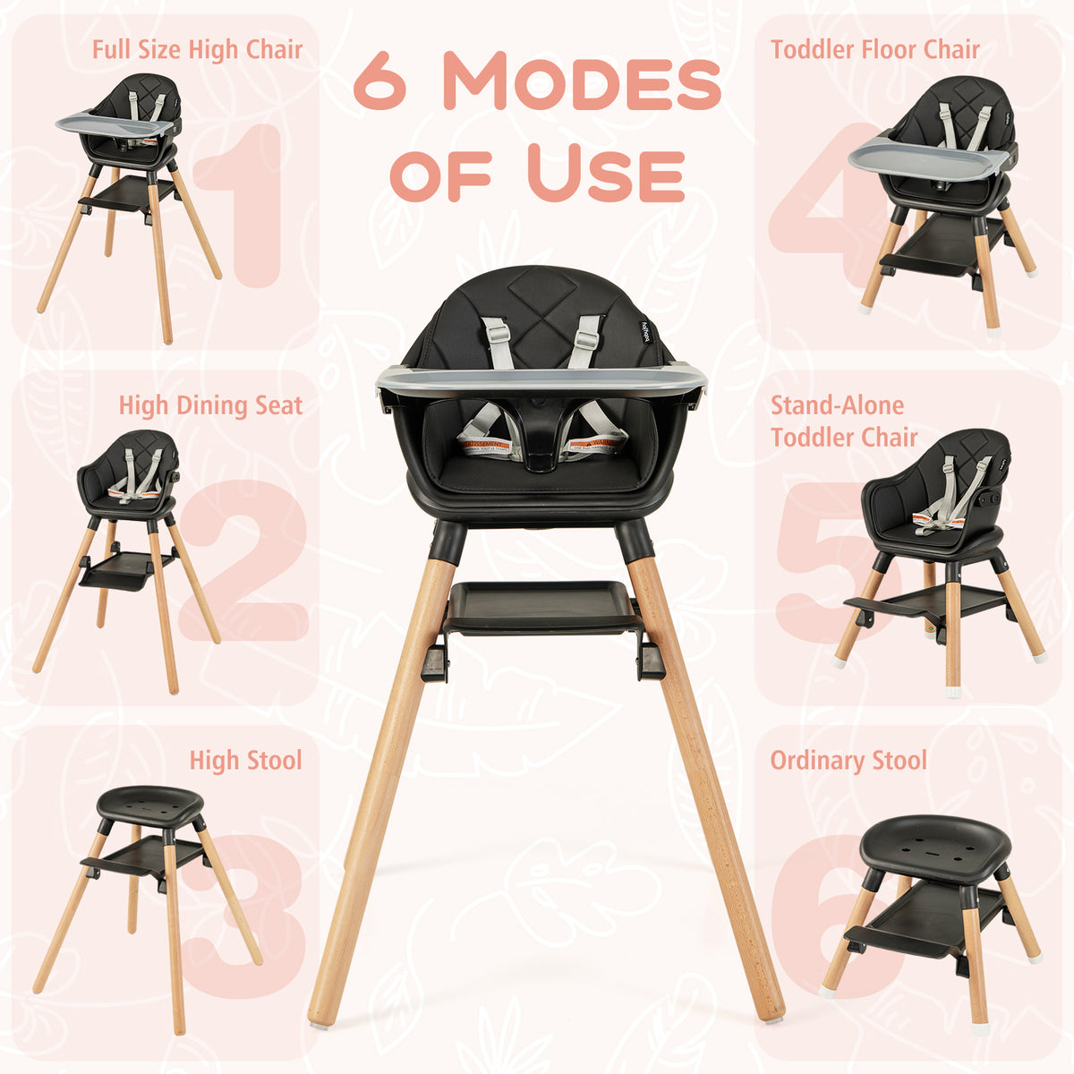 6-in-1 Convertible Baby High Chair with Removable Tray