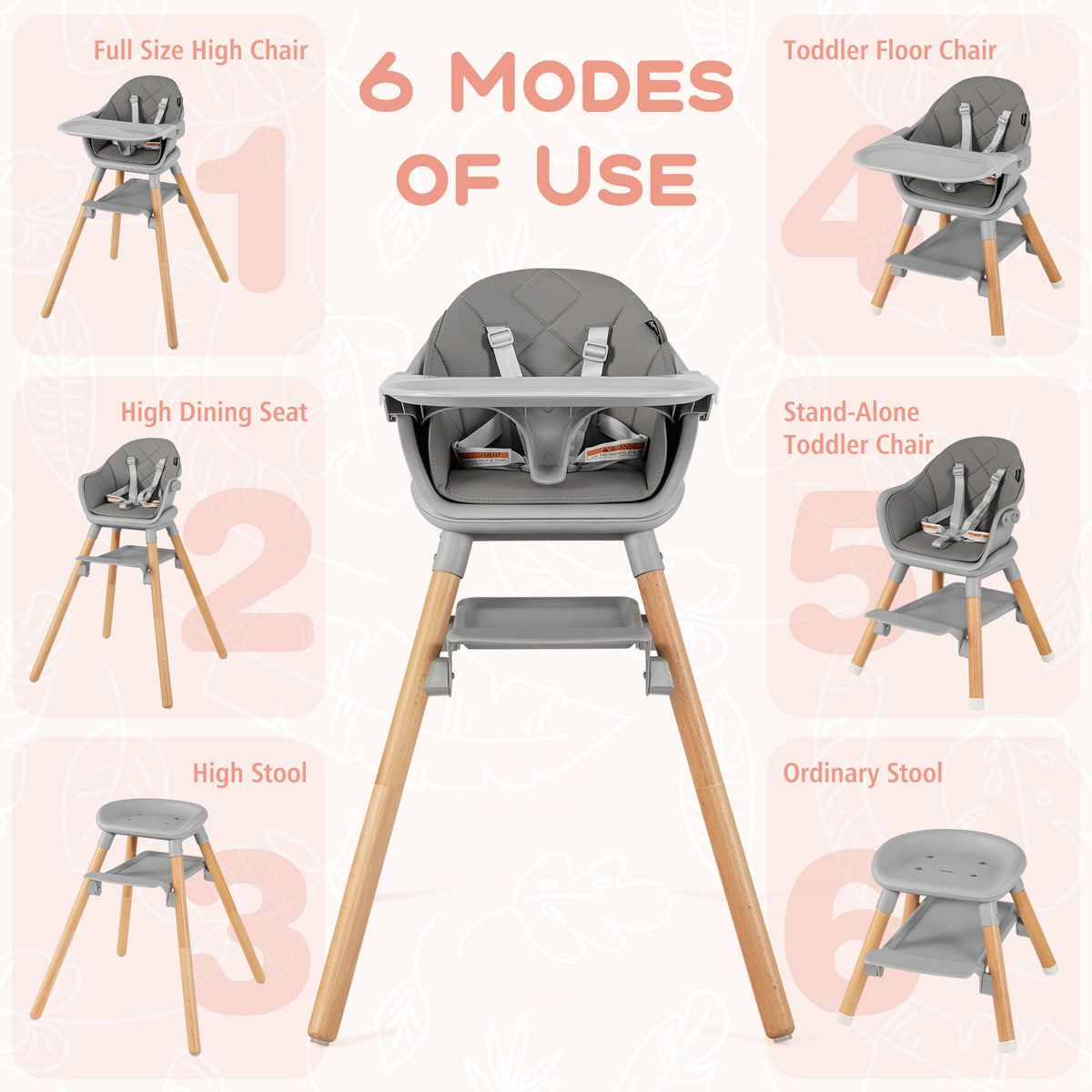 6-in-1 Convertible Baby High Chair with Removable Tray