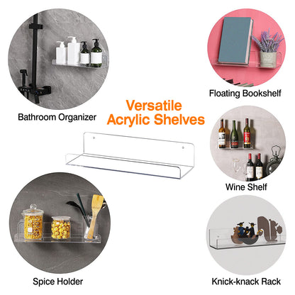 Clear Acrylic Floating Shelves 4 Pack - 15 Inch Wall Mounted