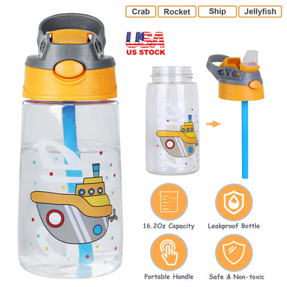 Kids Water Bottle with Straw 16.2oz Leak-Proof Push Button