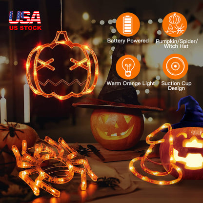 Halloween Window Light Set - Spider, Witch Hat & Pumpkin