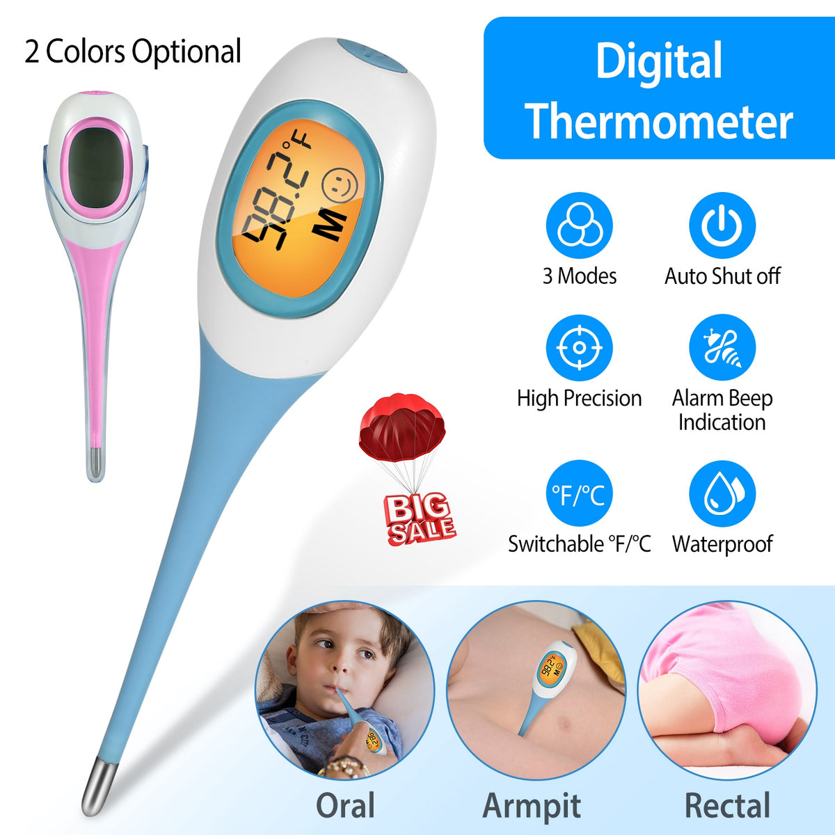 Oral Thermometer Body Thermometer Oral Rectal Underarm Temperature Thermometer C/F Switchable Accurate Fast Temperature Reading Fever Thermometer for