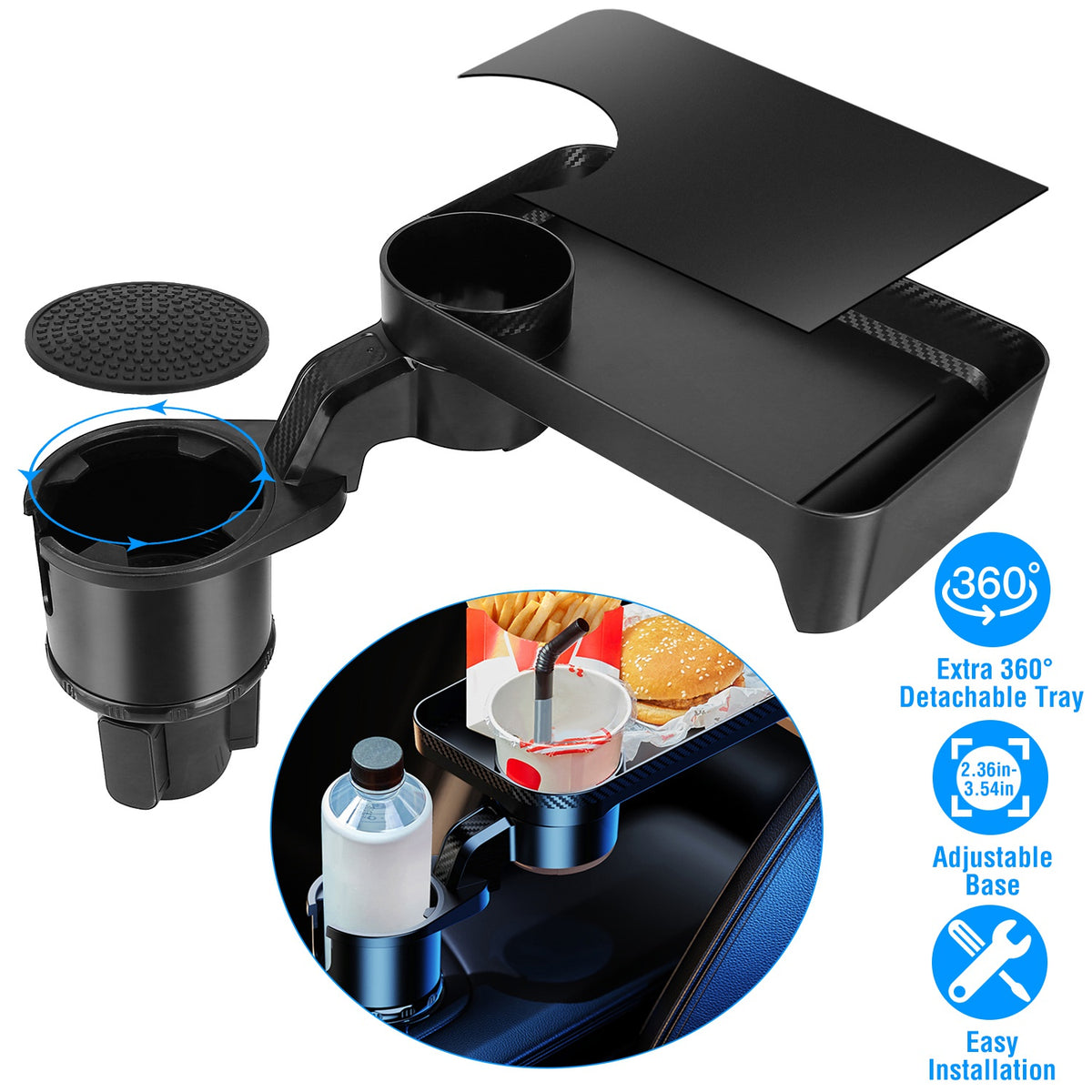 Car Cup Holder Tray with 360° Rotating Organizer