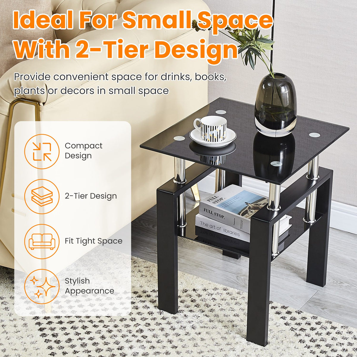 2Pcs Tempered Glass Sofa Table, 2-Tier Black End Table with Powder-Coated Iron Frame, Modern Glass Side Table for Living