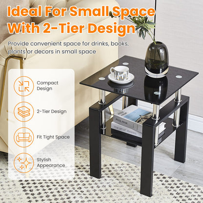 2Pcs Tempered Glass Sofa Table, 2-Tier Black End Table with Powder-Coated Iron Frame, Modern Glass Side Table for Living