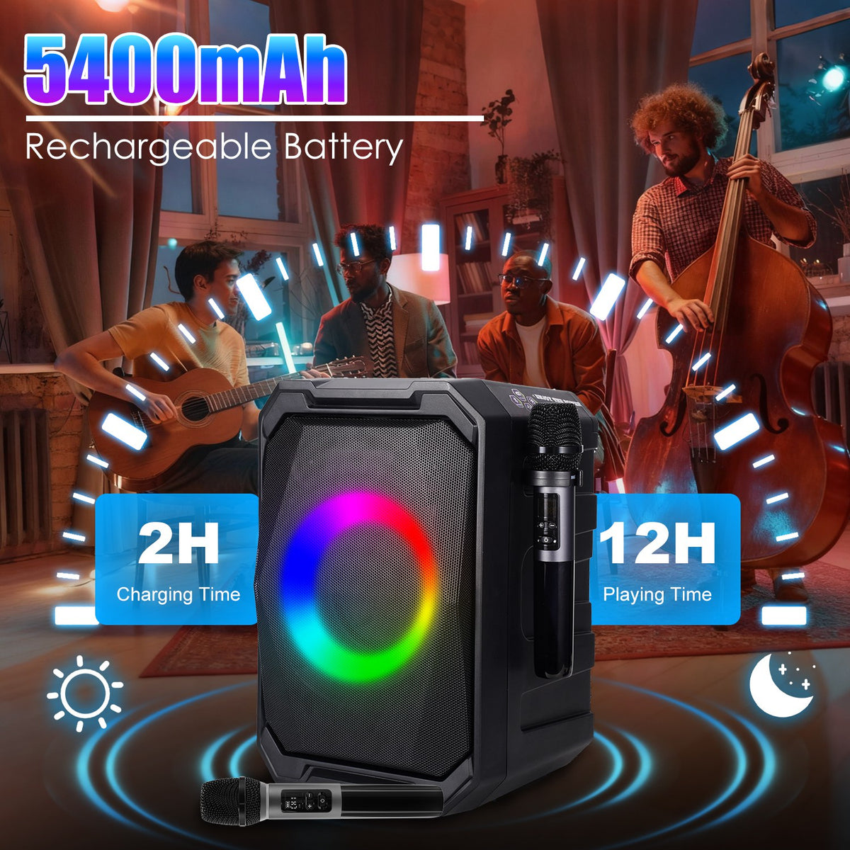 Portable Wireless Party Speaker with LED Lights & 2 Mics
