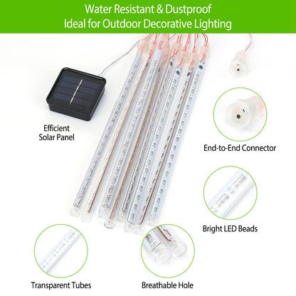 Solar Meteor Shower String Lights 8 Tubes 144 LED Waterproof