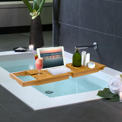 Bamboo Bathtub Caddy Tray with Extendable Arms & Wine Holder