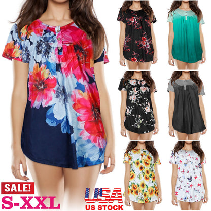 Women Summer Shirts Tops Loose Short Sleeve T Shirts Casual Floral Printed Button Shirts Blouse S-XXL