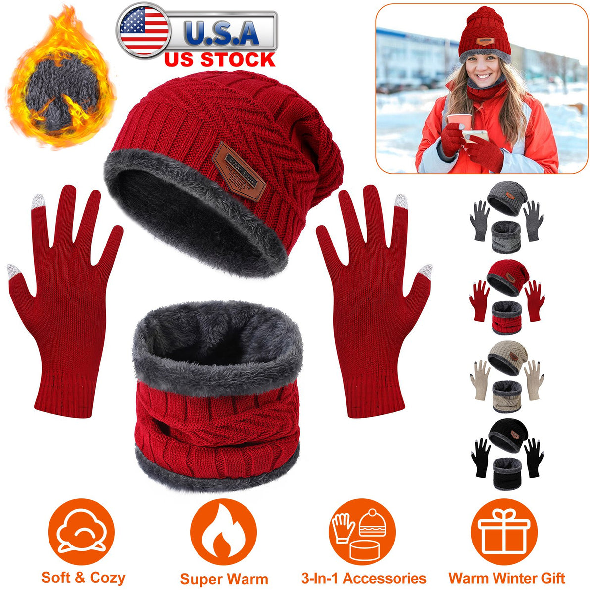 Winter Knitted Hat Scarf Gloves 3Pcs Winter Warm Beanie and Touch Screen Gloves Scarf Set Knit Beanie Skull Cap Neck Warmer Mittens for Men Women