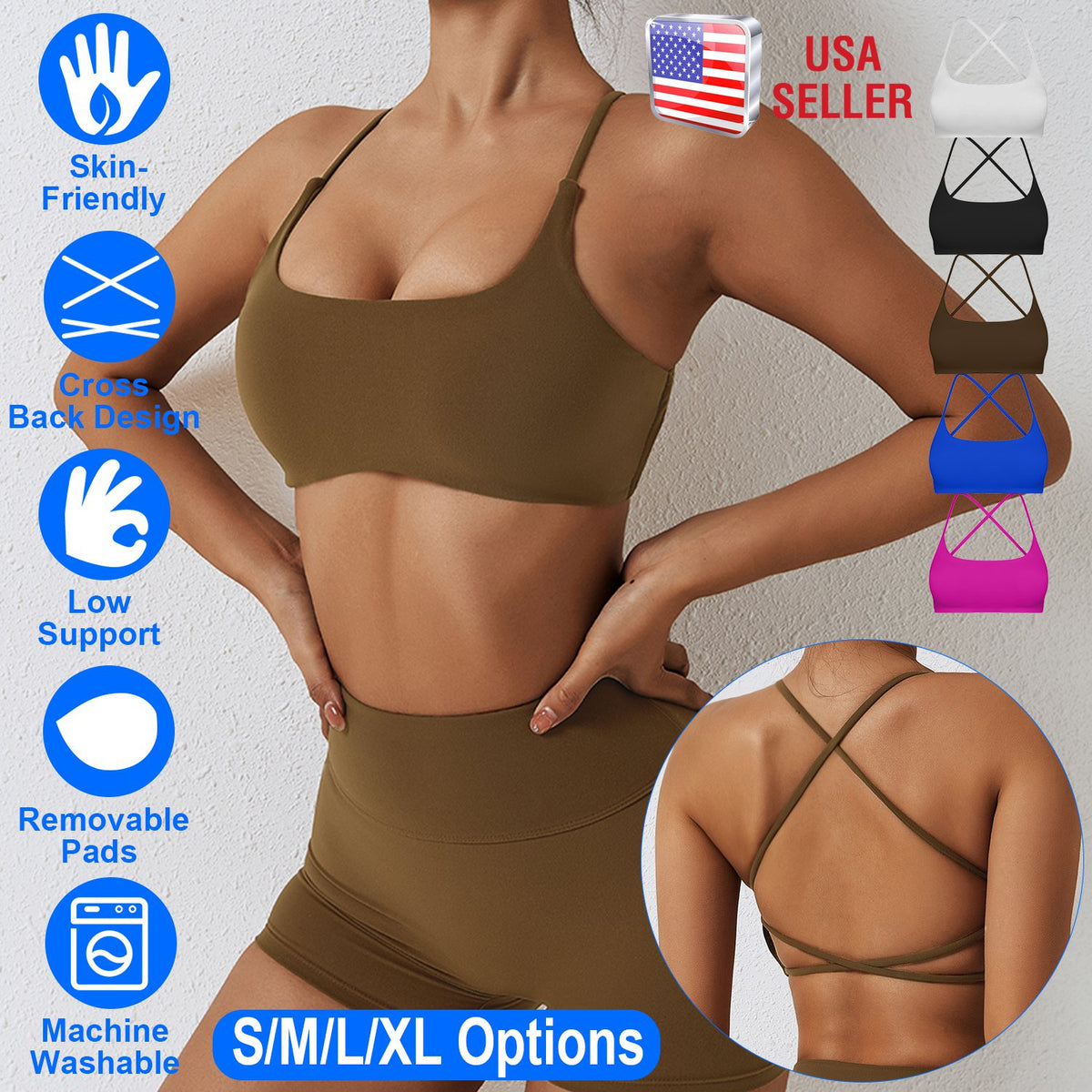 Women Cross Back Sport Bras Padded Strappy Crop Open Back Low Impact Bras Sexy Fitness Tank Tops with Removable Pads Thin Straps for Gym Yoga Workout