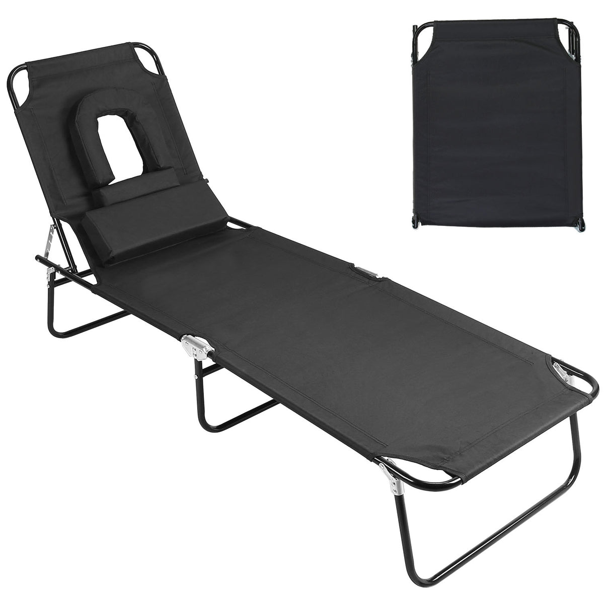 Folding Beach Lounge Chair Face Down Tanning Chaise Sunbathing Recliner 265LBS Max Load with 5-Angle Backrest 3 Removabl