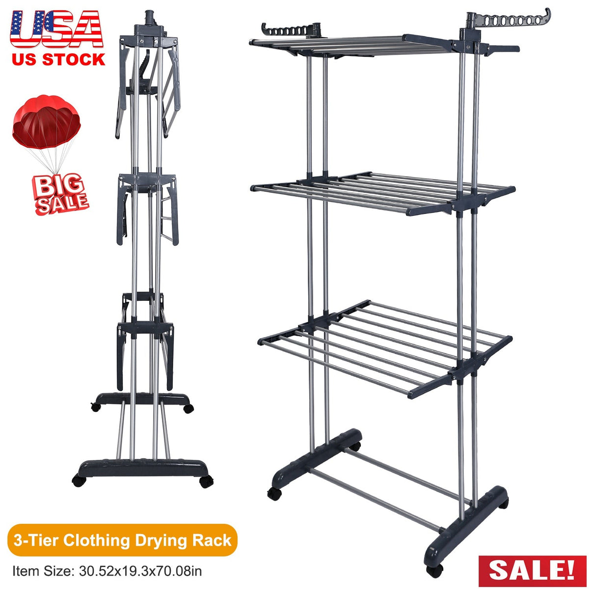 Clothes Drying Rack Rolling Collapsible Laundry Dryer Hanger Stand Rail ShelveWardrobe Clothing Drying Racks w/ Dual Side Wings