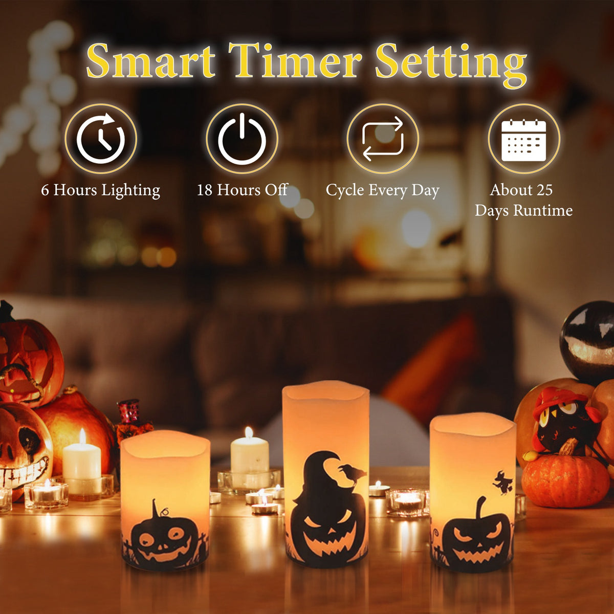Flameless Halloween Candles with Timer - 3 Pack LED Battery Operated