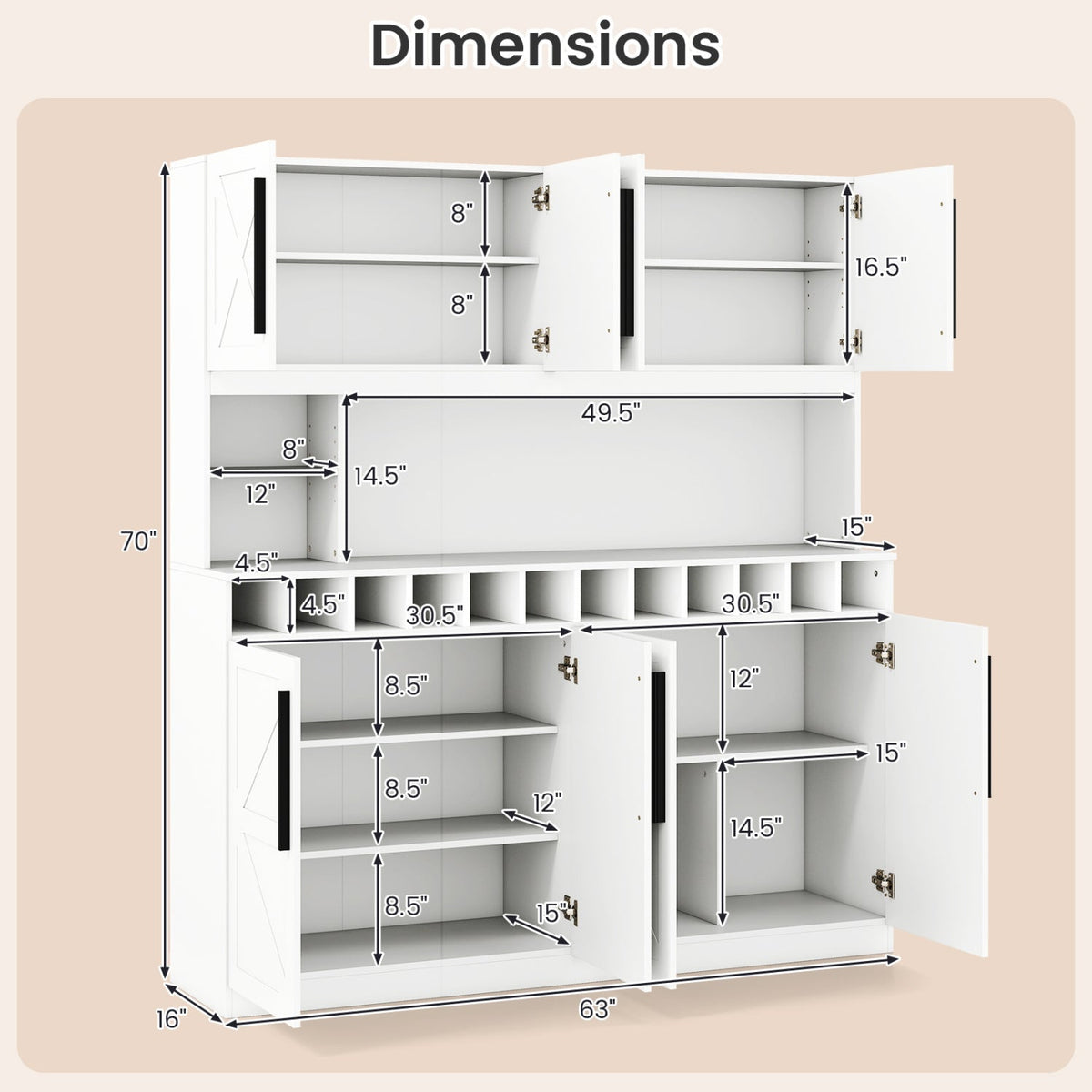 70 Inch Farmhouse Pantry Cabinet Kitchen Buffet Hutch with 4 Cabinets and 2 Open Shelves