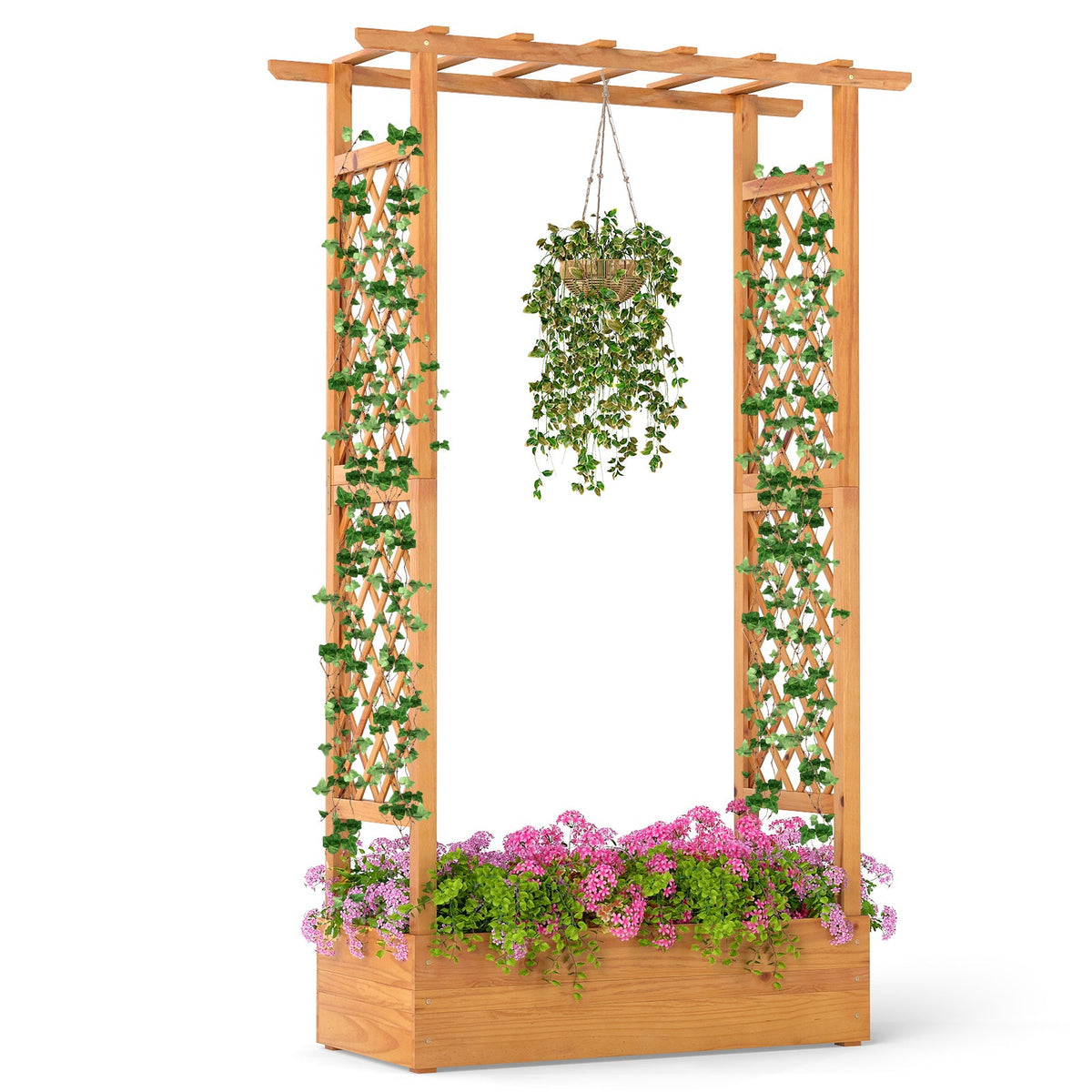 70 Inch Wooden Raised Garden Bed with Lattice Trellis-Natural