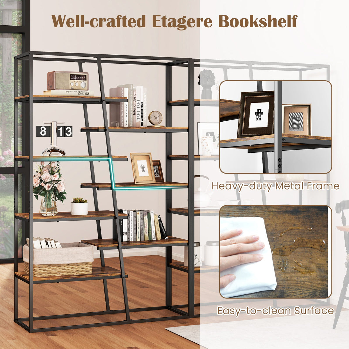 71-Inch 7-Tier Industrial Etagere Bookcase with Heavy-duty Metal Frame-Rustic Brown