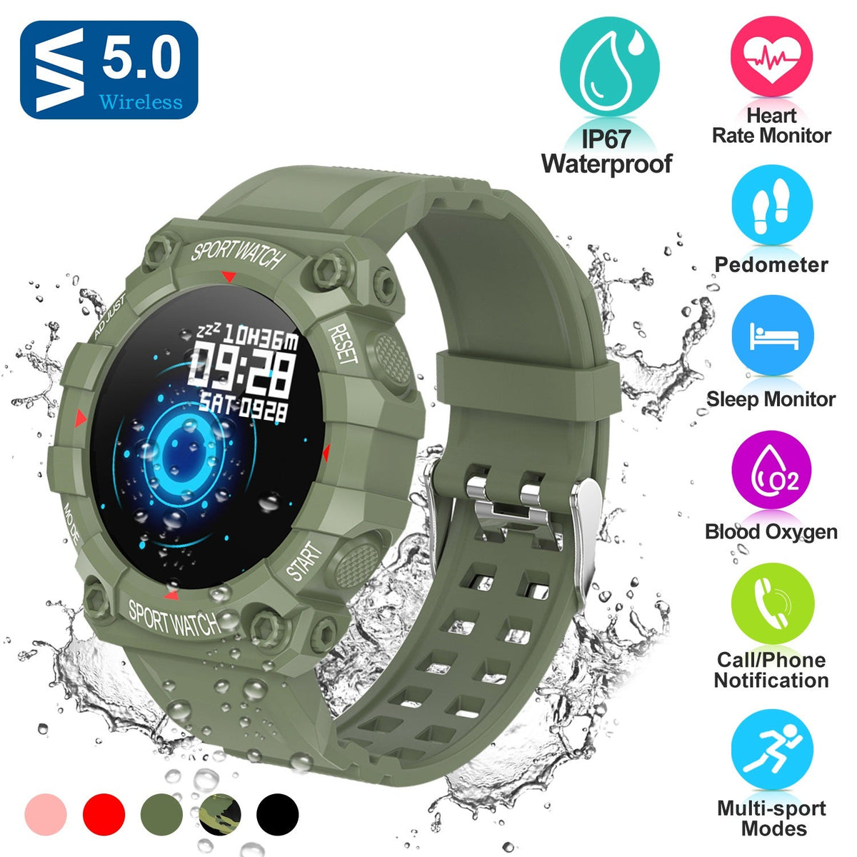 1.3in Wireless Fitness Tracker IP67 Waterproof Smart Watch Sport Bracelet w/Heart Rate Blood Pressure Sleep Monitor For Android IOS