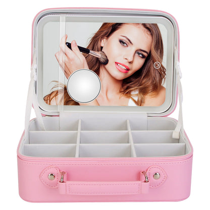 Travel Makeup Bag With 3 Light Colors Dimmable Brightness LED Mirror Detachable 10X Magnifying Mirror Adjustable Dividers Portable Waterproof Cosmetic