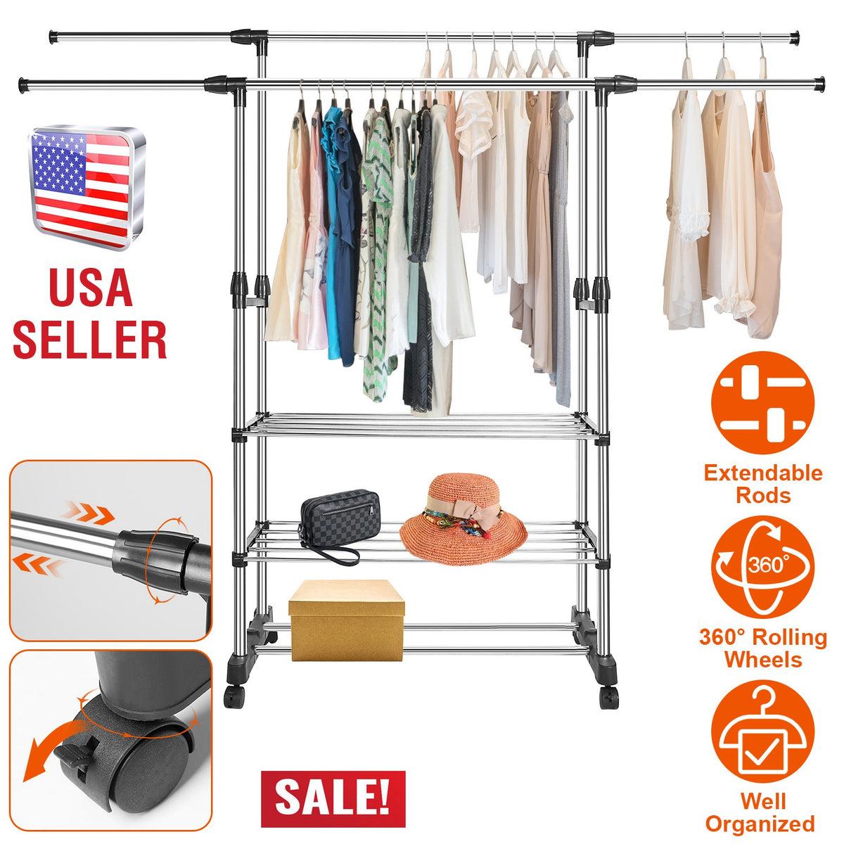 Extendable Garment Rack with Wheels - Adjustable Clothing Rail