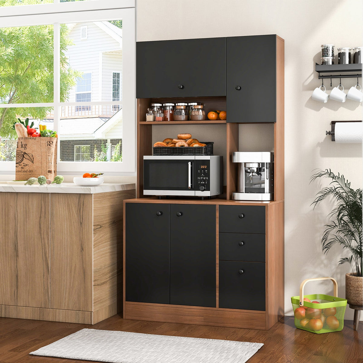 71 Inch Kitchen Pantry with 3 Storage Cabinet and 3 Deep Drawers