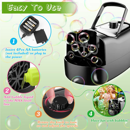 Bubble Maker Automatic Bubble Blower Portable Bubble Blowing Machine with 2 Speeds Handle 3000-4000 Bubbles Per Minute Plug-In Battery Powered