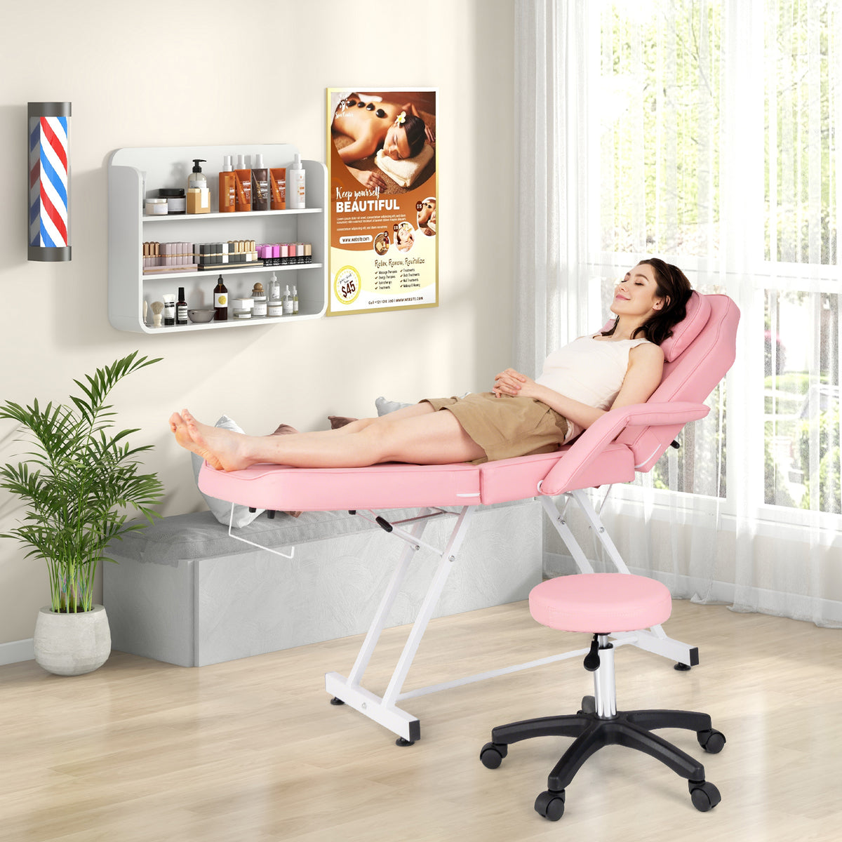 73 Inch Facial Chair Set with Removable Headrest Detachable Armrests and Towel Rack-Pink