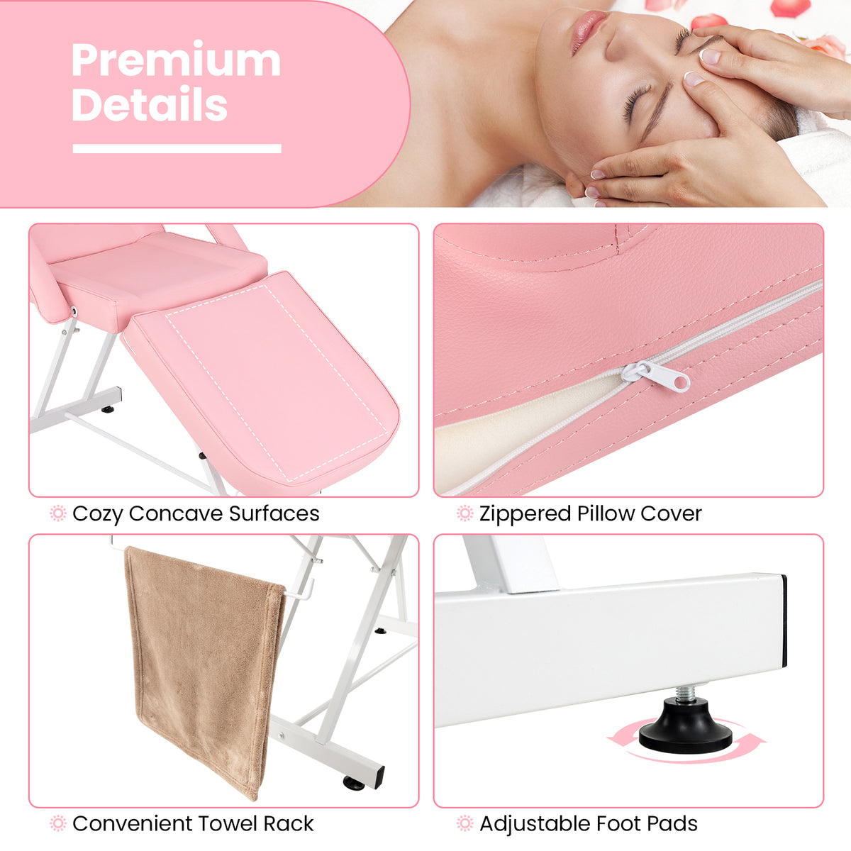 73 Inch Facial Chair Set with Removable Headrest Detachable Armrests and Towel Rack-Pink