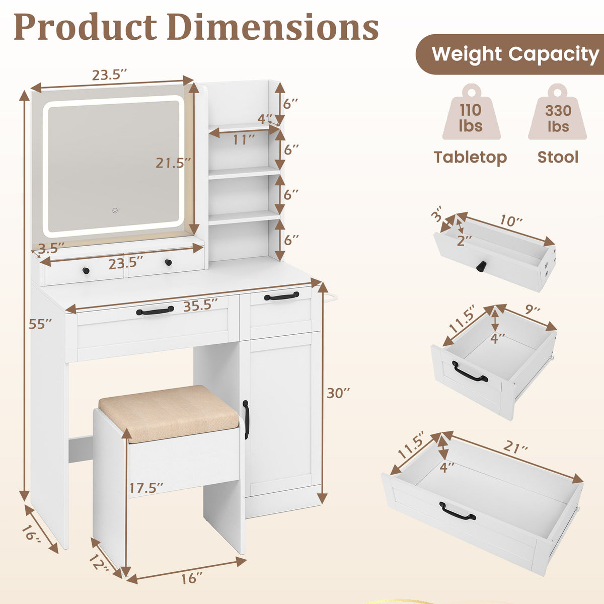 Vanity Set with Lighted Mirror and Charging Station