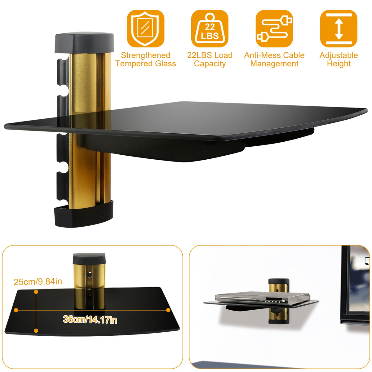 Tempered Glass Wall Shelf with Cable Management - 22lb Capacity