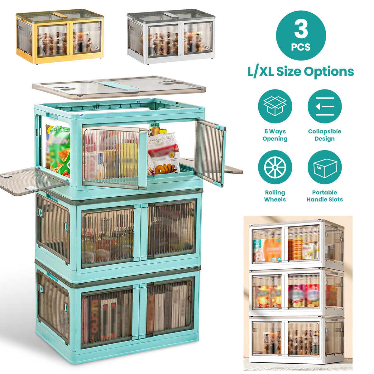Foldable Storage Bins with Lids & Wheels - 3 Pack Stackable