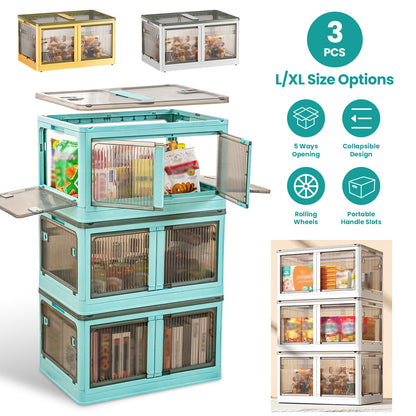 Foldable Storage Bins with Lids & Wheels - 3 Pack Stackable