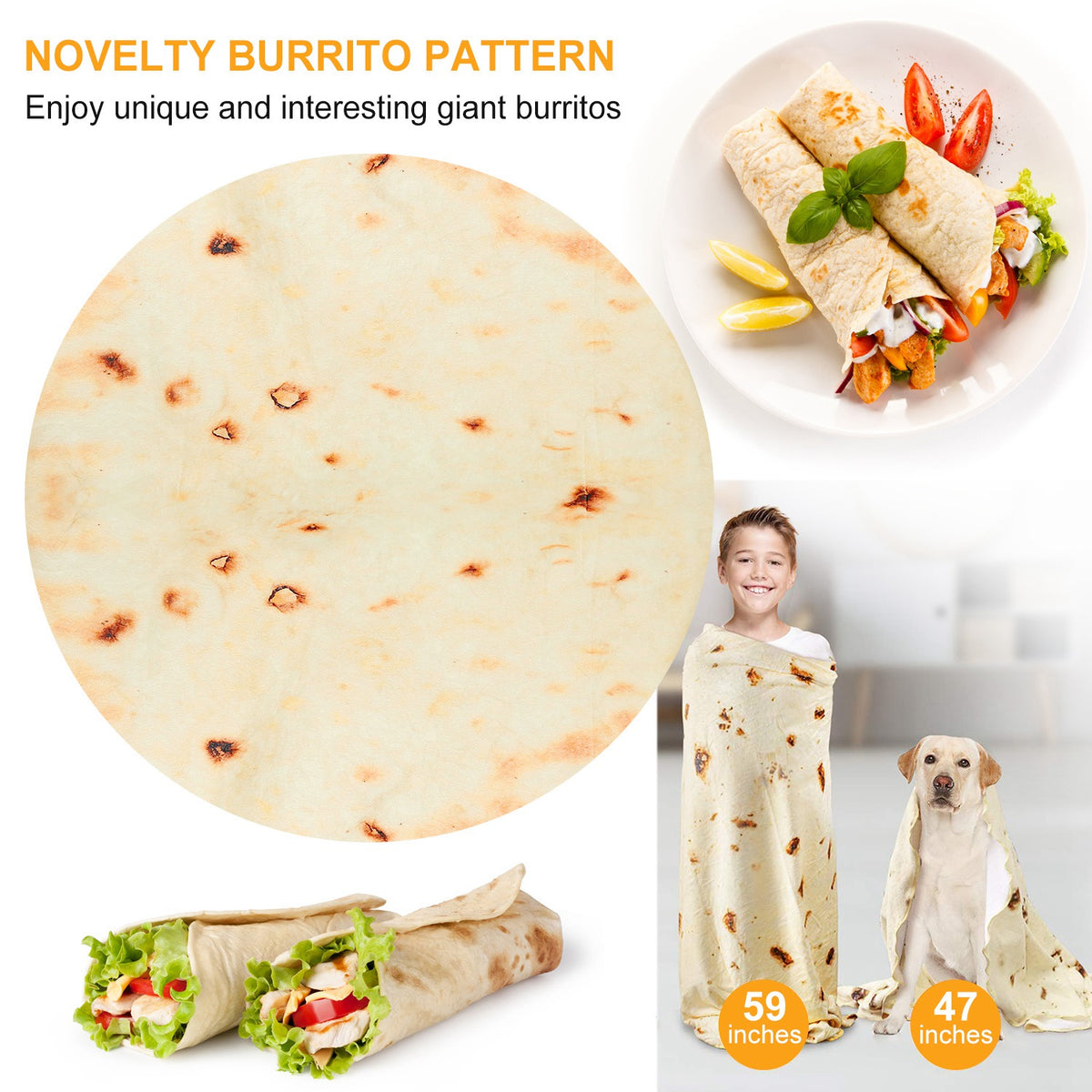 Burrito Tortilla Novelty Throw Blanket - Soft Flannel Round Wrap